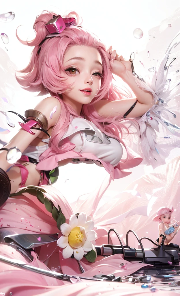 (maximum resolution: 1.2), (Ultra HDTV: 1.2), 8K resolution, Eye and skin detail, detailed facial features, , ( Sharp focus: 1.2), (Focus focus) exact) facial expression: 1.2), Girl standing, Background of clouds, sky and hearts , has my heart behind my back (blurred) , Cupid costume , (long hair), Rainbow hair (blue, pink and yellow),