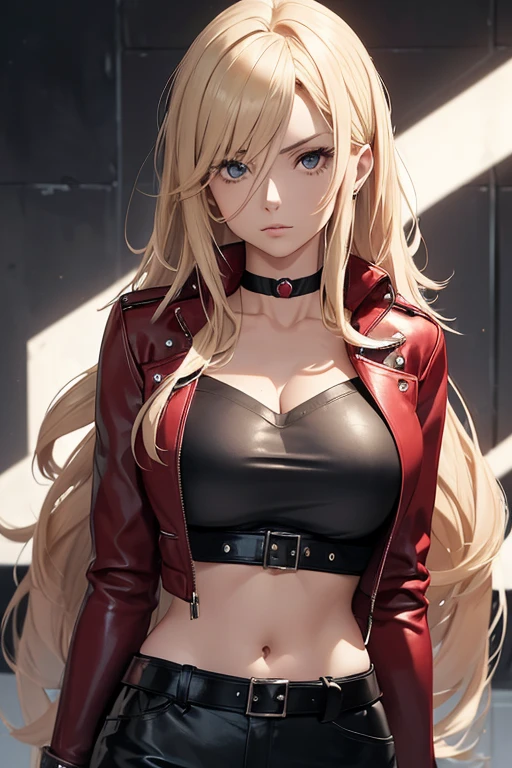 ((supermodel pose one hand on hip)) ((showing backside)) ((magnificent, majestic)) ((the most beautiful supermodel)) ((tan skin)) ((cute smile)) ((Big blue eyes)) ((very dark eyeshadows makeup)) ((bright red lips)), ((long straight blonde hair, bright hair:1.3)) ((big breast:1.5)) ((slender body:1.3)) ((wear leather jacket and skirt)) ((bikini bra)) ((inside photo studio with black background and light reflectors on her)), ((high definition:1.5) ((masterpiece:1.5))((8k:1.5)) ((Best quality:1.4)), more_details:-1, more_details:0, more_details:0.5, more_details:1, more_details:1.5, more prism, vibrant color,