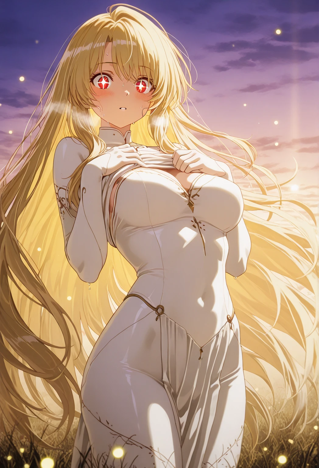 alone woman // super heroine // White clothes: short skirt, top with neckline, high boots and mini cover // long golden hair // green eyes // full body // exposed belly // big breasts (E cup) // blonde