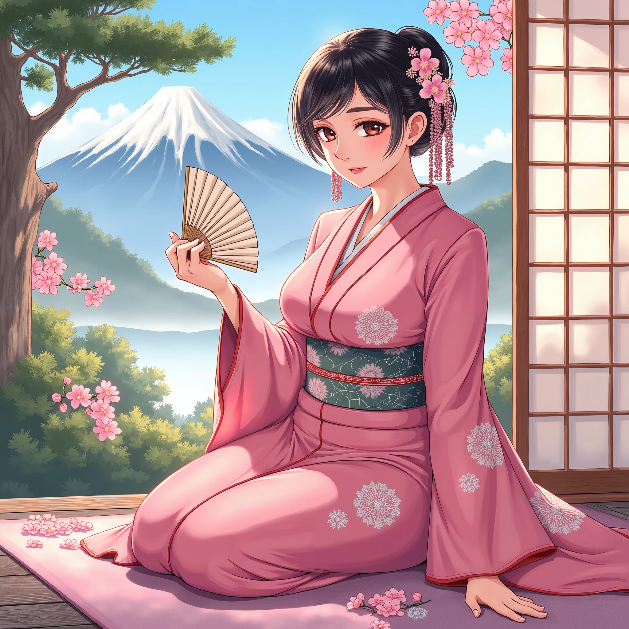 Illustrations、anime、A beautiful forty- woman is sitting、pink kimono、Japanese Women、Japanese-style room、pine tree、Mt. Fuji、 beautiful flowers 、fan、breasts are big、
