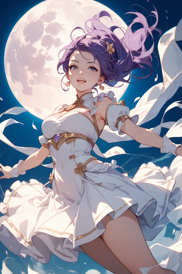 Vast landscape photo, (viewed from below, the sky is above and the open field is below), a girl standing on a flower field looking up, (full moon: 1.2), (meteor: 0.9), (nebula: 1.3), distant mountains , Trees BREAK Crafting Art, (Warm Light: 1.2), (Fireflies: 1.2), Lights, Lots of Purple and Orange, Intricate Details, Volumetric Lighting, Realism BREAK (Masterpiece: 1.2), (Best Quality), 4k, Ultra-Detailed, (Dynamic Composition: 1.4), Very Detailed, Colorful Details, (Rainbow Colors: 1.2), (Glow Lighting, Atmospheric Lighting), Dreamy, Magical, (Solo: 1.2)
