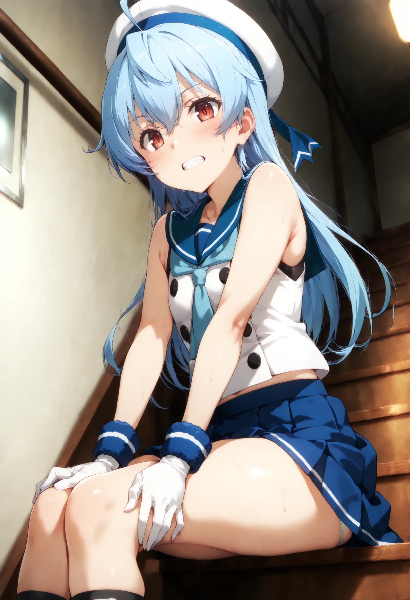 Sado (Kancolle),solo, one girl with arms, masterpiece, Highest Quality, shape, Subtle details, 8k:1.2), (Studio Lights, Best Shadow, Picturesque), in their 40s, (sharp eyeliner, (symmetrical eyes that hide teeth, perfect eye side by side, fine grain), beautiful face with attention to detail, Perfect Anatomy), red eyes, in their 40s, nice hands, perfect hands, Guido Daniele Handmade, in their 40s, one girl with arms, alone, in their 40s, , long hair, sailor hat, white hat, sleeveless shirt, underwear, Blue Sailor Color, blue pleated skirt sitting on the stairs, white gloves, blue ribbon, (indoor, office), (teeth, green, ),,(squats),((nsfw)), (((panties))),Skirt Lift, from below, Petite, light blue hair,