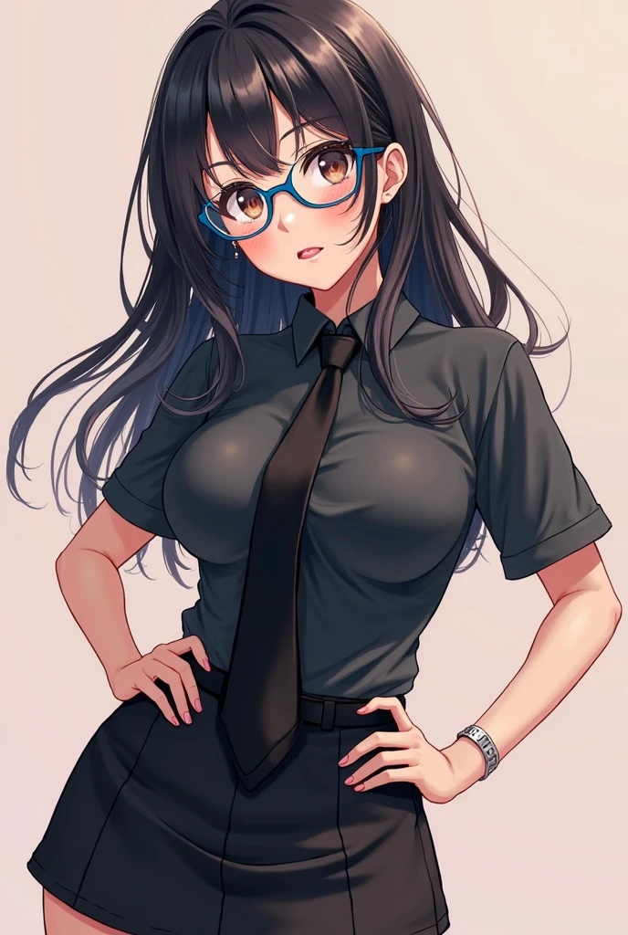 1girl, school unform, cute, unbuttoned, slightly showed cleavage, glasses, looking at the viewer, skirt, bra flash, hand on the hair, legs, smile