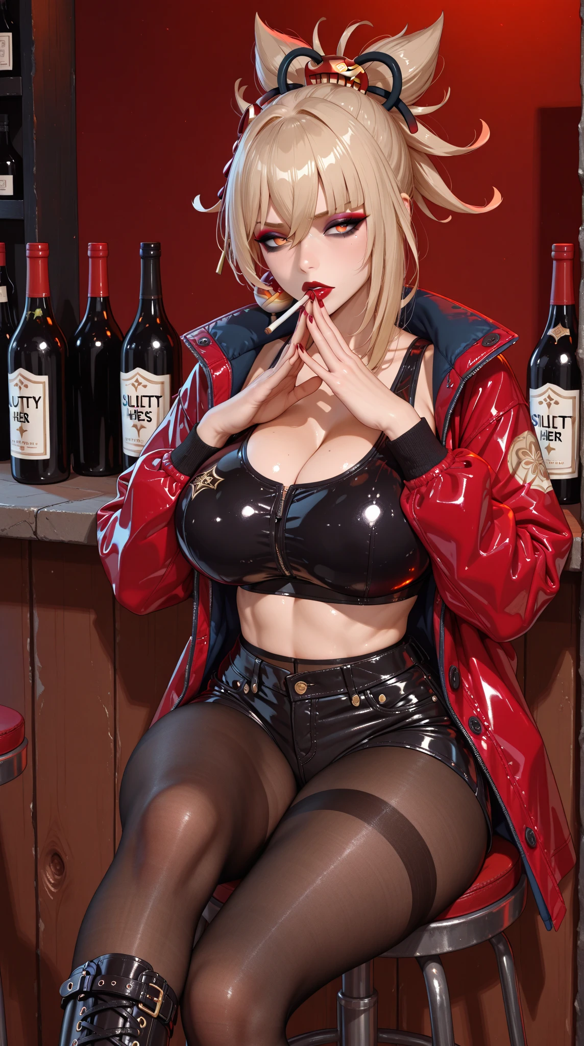 score_9,score_8_up,score_7_up, absurd_res, hi_res, solo female,Ela, ela elite \(Rainbow Six Siege\),ela, ela \(Rainbow Six Siege\,1girl, solo, eyecontact, looking at viewer, white hair, ponytail hair, blue eyes, red lipstick, parted lips, earrings jewelry, circle shaped earrings, neon blue earrings, black fishnet body, white open blazer, big cleavage, black X adhesive on nipples, one exposed breasts, leather gloves, white garter belt straps, black thighhigh stocking, stockings straps, leather high-heels, curvy, large breasts, hand grabbing breast, hand fingering pussy, leaning against bar, Restaurant, wooden bar, bottles, Day, daylight, warm lighting, 1light source, overhaed lamps, shadows cast, 1950 setting, Masterpiece quality, high definition, detailed face, Expressiveh score_9, score_8_up, score_7_up, score_6_up, score_5_up, score_4_up, uncensored, BREAK