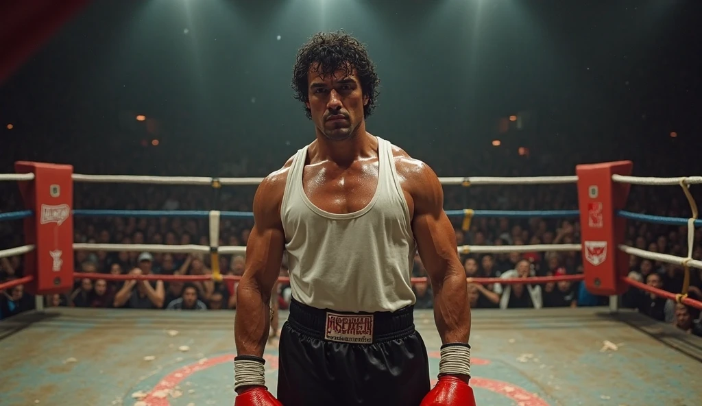Don Ramón del Chavo muscular with gloves in the middle of a ring winning the world championship
