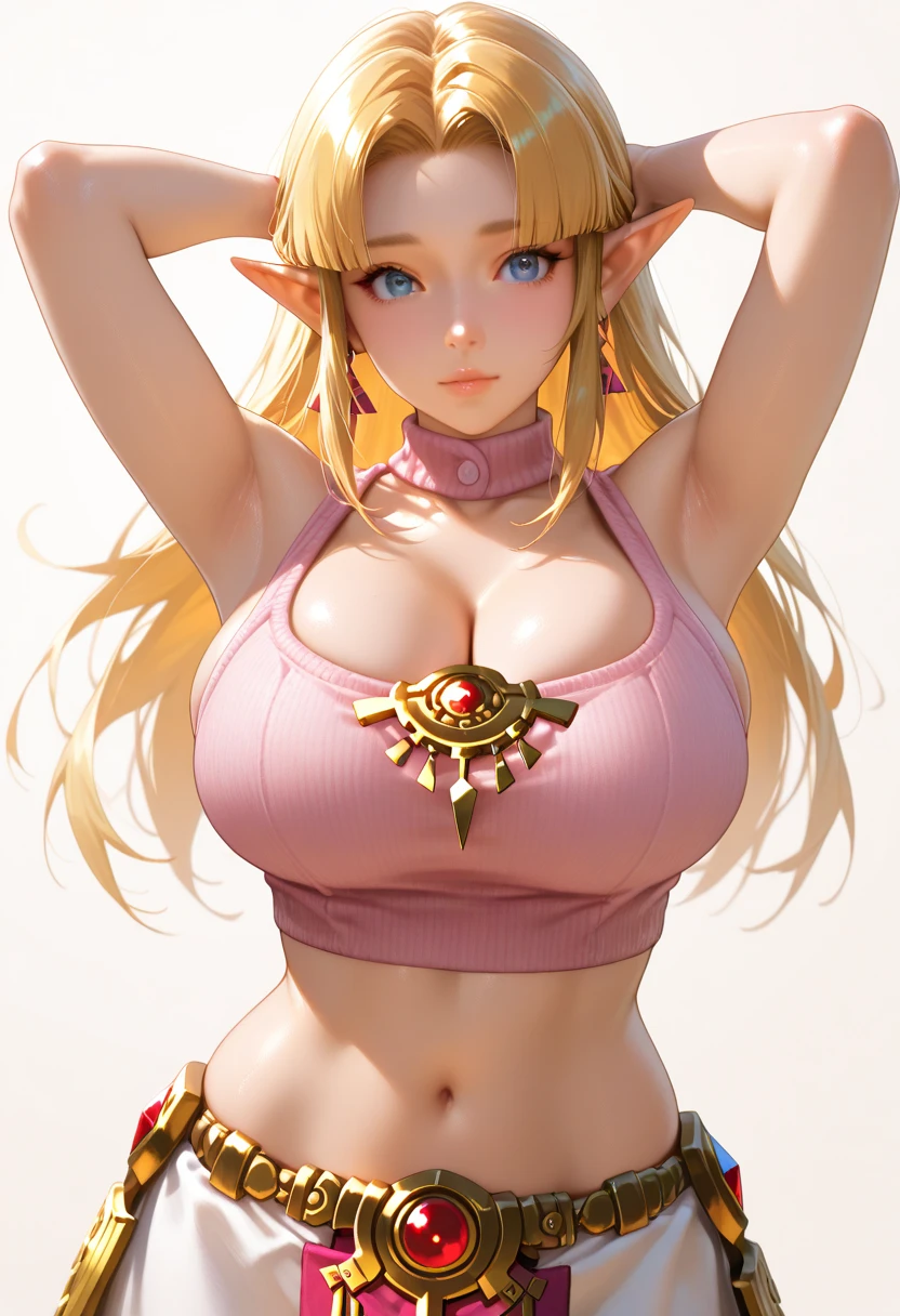 (A masterpice:1.4)、(beste-Quality:1.4)、
1girl in, armlet, bare shoulder, blonde hair, blushful, A bracelet, 가슴, circlet, elvish, verd s eyes, Wreath on the head, giant breast, jewlery, a large breast, length hair, looking at the viewers, Belly Navel, O-ring, o-ring top, pointy ear, simple background, a smile, 独奏, extra very long hair, ,Realstic,(shinny skin),(A masterpice:1.4),(beste-Quality:1.4),red-lips