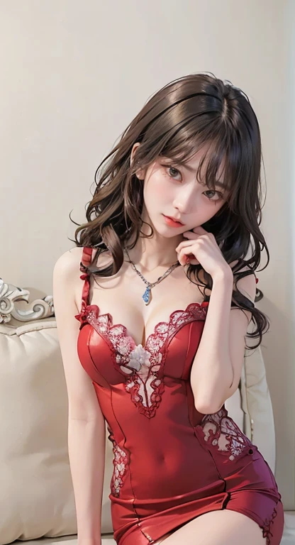 (masterpiece:1.3), (8K, Photoreal, Raw photo, best image quality: 1.4), Chinese female、mature woman、beautiful witch、(random hairstyle:1.2)、cleavage:1.2、super detail face、eye for details、double eyelid、chest to chest、sharp focus:1.2、Beautiful woman:1.4、highest quality、masterpiece、Super high resolution、(Photoreal:1.4)、Highly detailed and professionally lit smiles、Red lace underwear、sexy、shoulder out、thin、serious expression、short haired、deadly position、Moist eyes