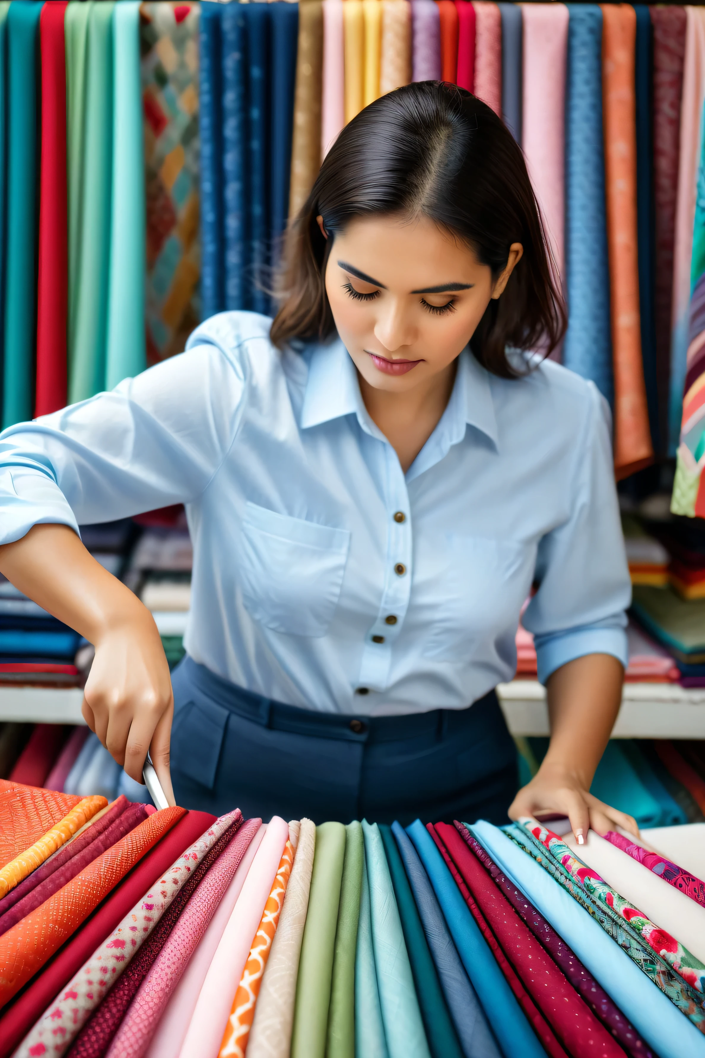 female analyzing fabrics in a local

