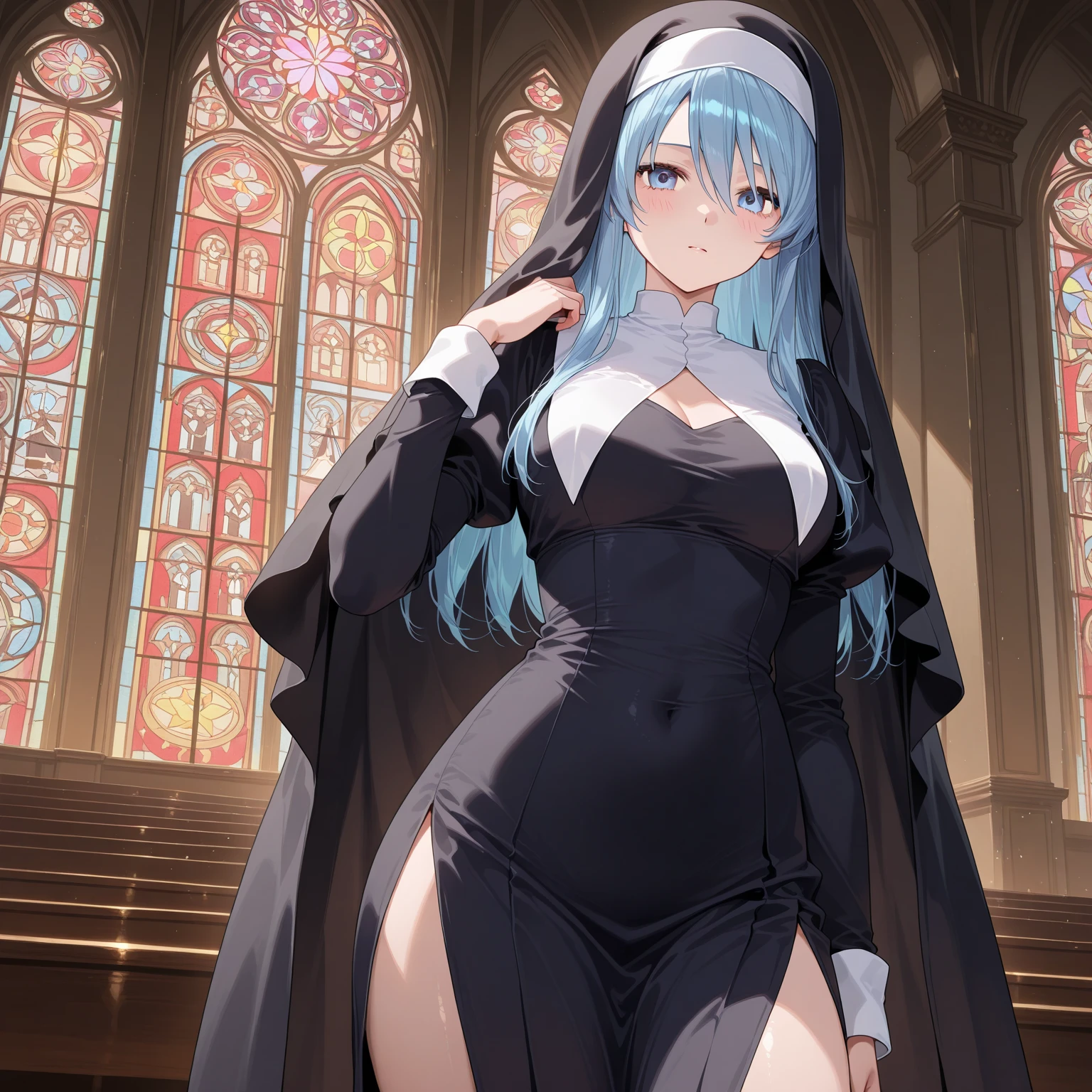 Nun, church, busty, (huge tits), blue hair, blue eyes, calm face, nipples