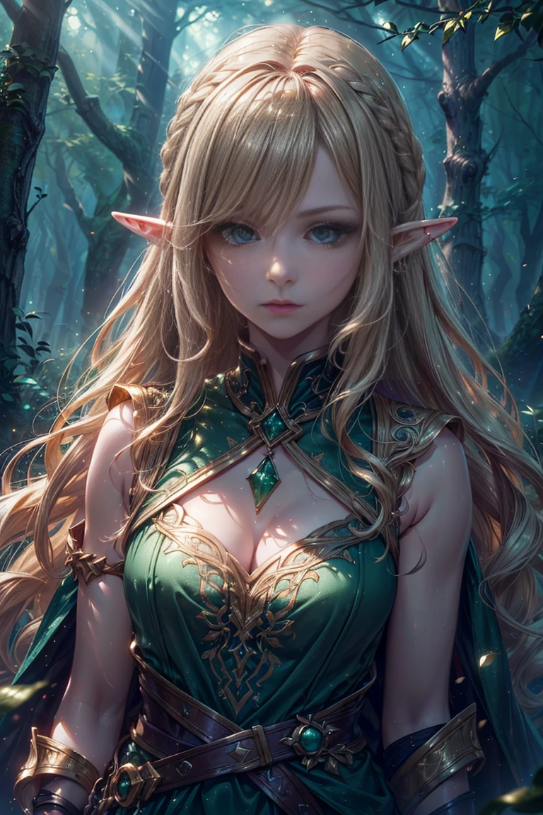 SFW ((masterpiece, best quality)), (extremely detailed CG unity 8k wallpaper), sharp focus, high definition RAW color photo, photorealistic artwork:1.37, realistic style, SFW, solo, (( girl )), elf, alabaster skin, shiny skin, two-tone hair, (brown hair), braiding, head wreath, BREAK, (sparkling eyes, brilliant green eyes), CosmicEyes, (clear white sclera), double eyelids, eyelashes, well defined eyes, beautiful eyes, perfect eyes, upturn eyes, upturn brows, detailed face, smile, (small breasts), anatomically correct, BREAK, Attire: Druidic/Bardic style, intricate elven attire of green white, dress, BREAK, Area setting: Epic fantasy style, forest glade, Dynamic Pose, portrait or cowboy shot, cinematic lighting