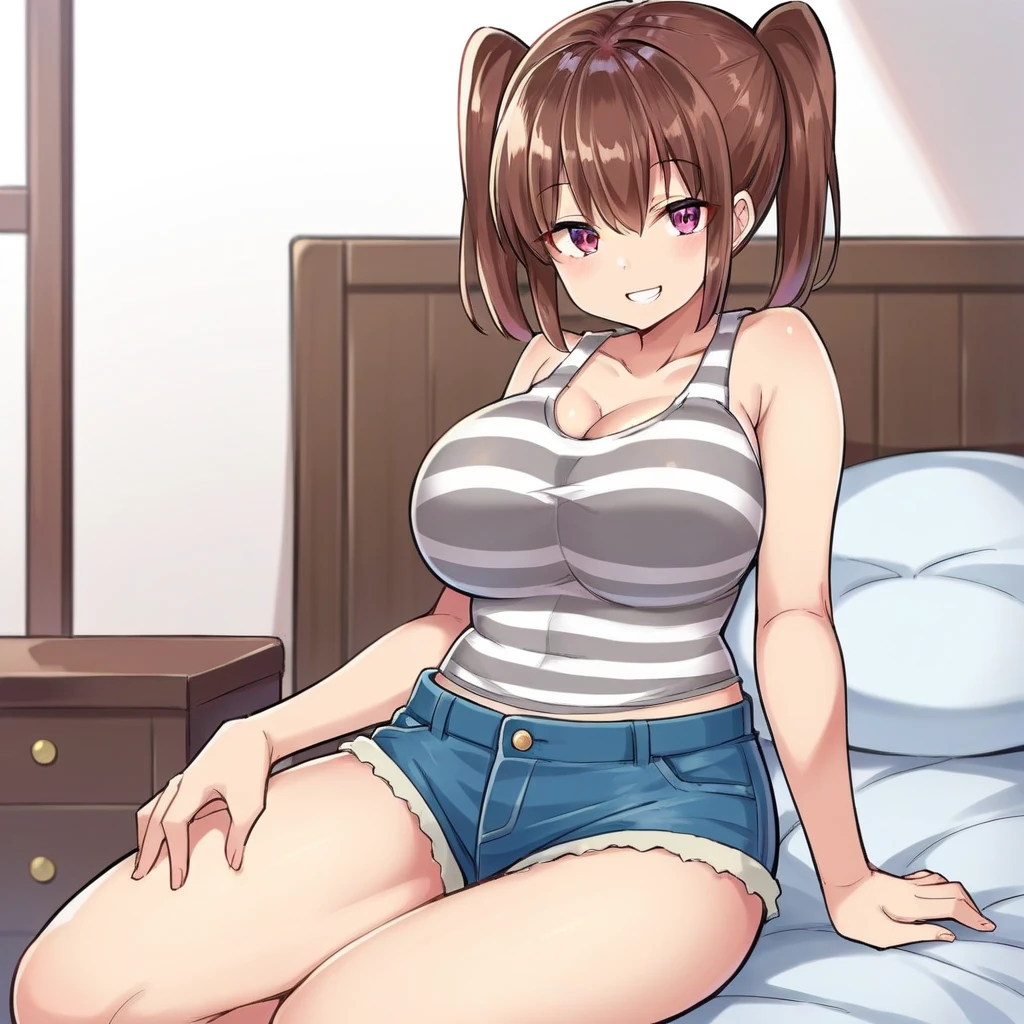 (high resolution、high quality、masterpiece)、1 Girl、22 years old、Brown Hair、Tank top、Shorts、Beautiful Face、Beautiful body、Thighs、smile