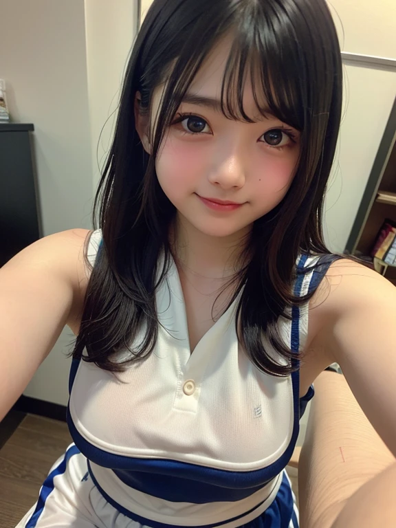 , elementary school students, full body, best quality:1.6, 8K, (Extremely detailed eyes:1.6, Extremely detailed face:1.2), very cute face, white shirt, sleeveless, short skirt, school uniform, musume san, long hair, bangs, 1 girl, huge breast, outdoor, open mouth, Smile slightly,
