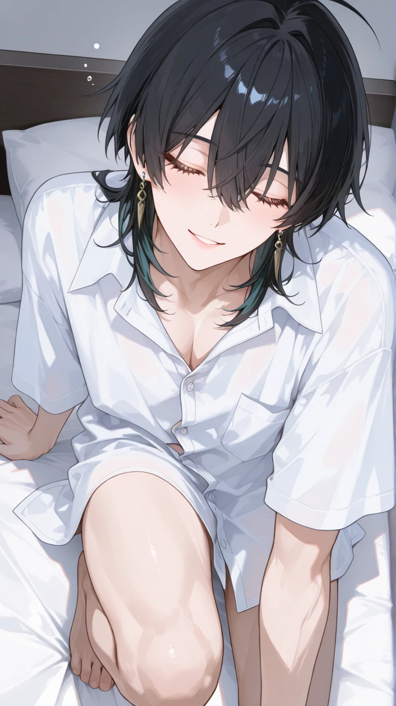 (Highest quality)), ((masterpiece)), (detailed),The background is the bedroom、Lying in bed、boyfriend、A man around 35 years old、A man with waist-length black hair tied back、Wearing a white T-shirt,Eye color is a calm blue、Location: Bedroom。Lying together