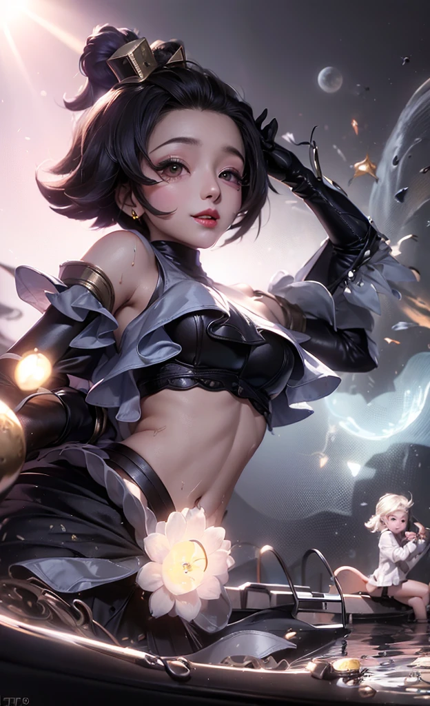 flat torso, slim stomach, Tiny body, short stature, child&#39;s face,Shiny skin, bright skin,Shiny skin,purple eyes, Horror,