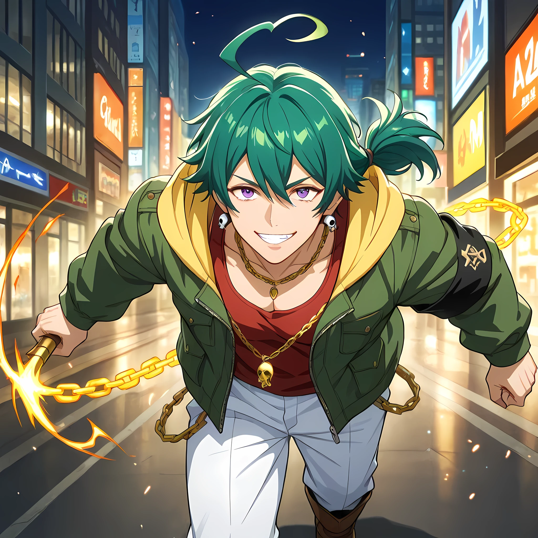 (counter-dive angle, Cinematic zoom-in, Motion Blur, epic action, cinematic composition, 85mm DSLR lens, shallow depth of field), ((anime skin texture, body style Solo Leveling, perfectly detailed scenery, best image quality, full HD, perfectly detailed appearance, perfectly detailed eyes, 1man, man walking through the city, anime style Japanese city, walking on a street with graffitied walls):1.10), {Kentaro Tsubaki}:((1man, long hair tied in a bun, strands of hair falling in front of the face, hair shaved on the side, adult man, strong and developed body, mature man, green hair with ash endings:1.2, purple eyes, brown army boots, white long pants with double pockets, tight red tank top on defined chest, green jacket with yellow hood, skull earrings:1.2, black cloth armband, perfect lips, fearless gaze, confident smile, panting, golden chain with army pendant, strong arms and legs, thin eyebrows, spiral shaped ahoge:1.2, dual hair color:1.2, lower part of hair in ash tone:1.05, orange energy emanating from the body, holding golden chains with golden energy, directing the hand towards the observer, smile showing white teeth)).