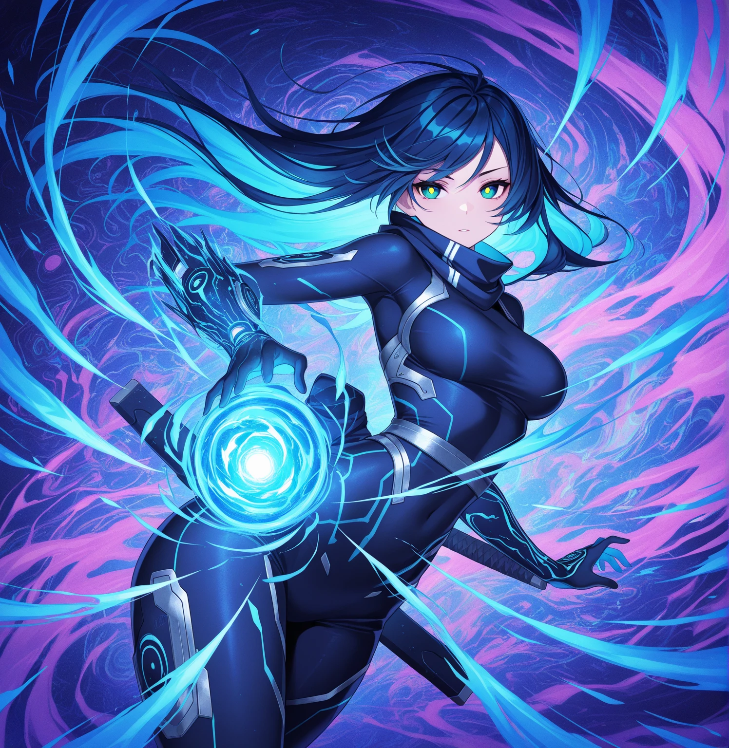 Beautiful woman, Very sexy body, Detailed medium bust, (Very tall woman,Navy Blue Hair,Her hairstyle is in twin tails that expose her forehead..,Yellow Eyes,Dynamic Angle)Black bodysuit with pink lines, Open the zipper on your chest to reveal some skin