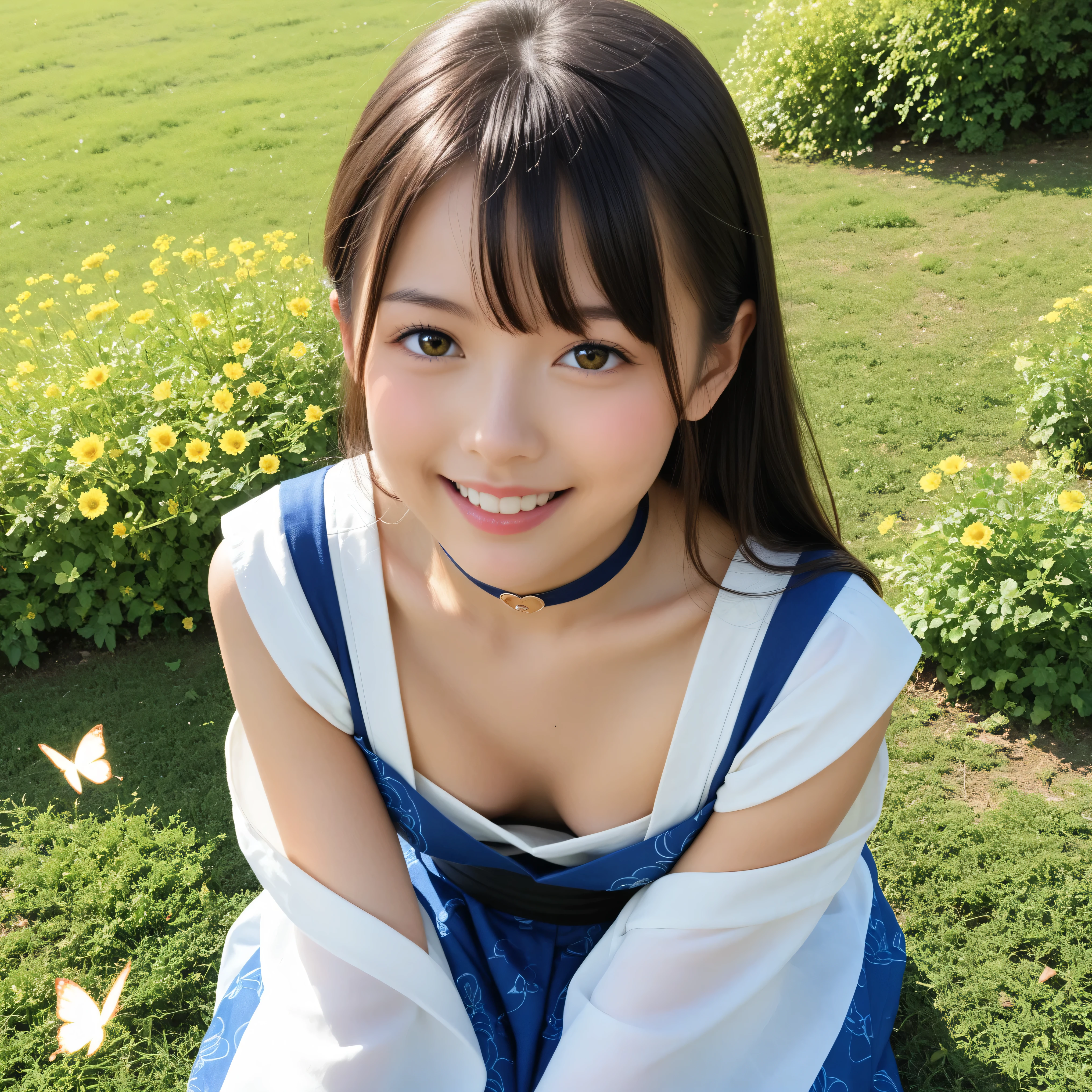 (highest quality:1.5)、(Realistic:1.5)、(1 person:1.5)、(Medium Shot:1.5)、Very detailed、High resolution、8k wallpaper、、Normal milk、Natural color lips、Cute Smile、Japanese women、20-year-old girl、Beautiful and elegant face、Perfect and beautiful face、Large, balanced eyes、Brunette's eyes、Beautiful and elegant face、Beautiful double eyelids、Natural Bangs、Beautiful thin nose、Beautiful Skin、Fair skin、(Medium Bob Hair)、Natural Bangs、Perfect and beautiful face、Slim face and figure、(Looking at the camera with a sweet smile)、Bright lighting、Professional Lighting、Forward lighting、(Micro Mini Skirtの花柄のドレス)、(Wearing a white off-the-shoulder floral dress)、Summer blue sky、Mountain Grass Park、Simple poseicro Mini Skirt、(garter belt)、Knee-high stockings、
