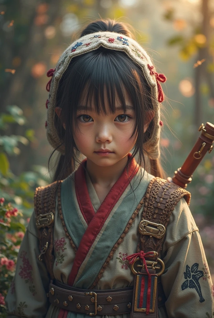 3-6 years old Chinese girl, wearing loose monk costume, blurring background