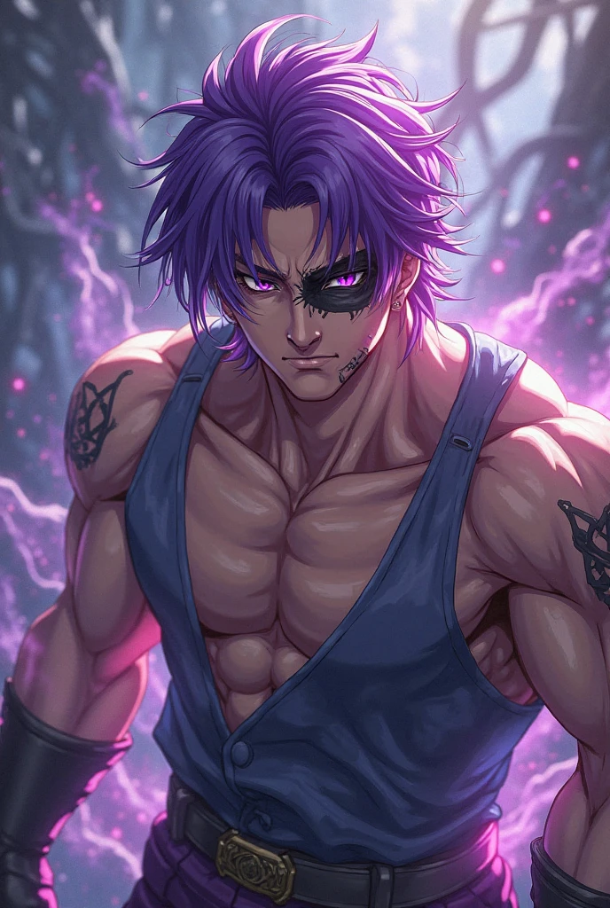(a strong shirtless man with power emitting from his hand in a purple spiral like haki),highres,ultra-detailed,realistic,physically-based rendering,sharp focus,studio lighting,vivid colors,bokeh,portraits