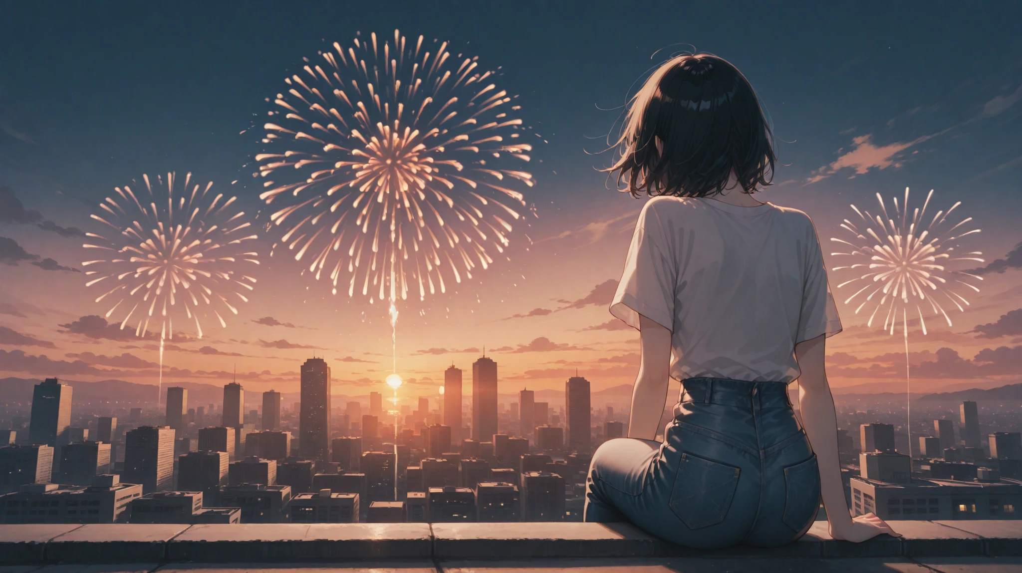 sky , scenery , sunset, 1girl , black hair,t shirts ,high waist jeans,sunset sky , solo , outdoors , building , sitting , city , cityscape ,from behind,Multiple Fireworks