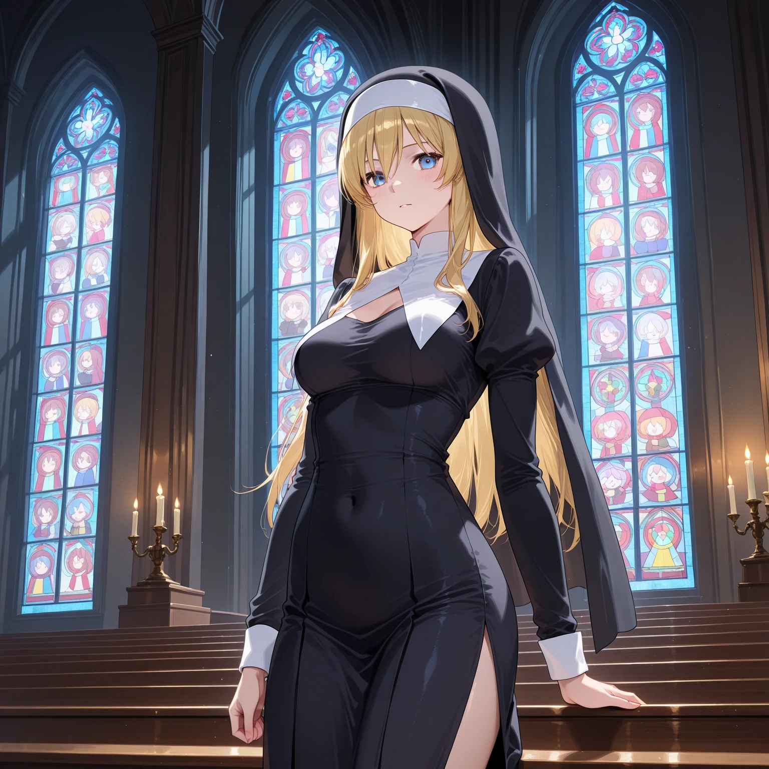 A holy and sweet nun in silver mirrored aviators hands together in prayer inside a desolate and broken dirty building with many rundown filthy beds, Solo, Portrait, Masterpiece, best quality, (Mirrored_Aviators), venusbody, marika, queen marika, blonde hair, LONG HAIR, HABIT, JEWELRY, NECKLACE, DETACHED SLEEVES  black dress, an14