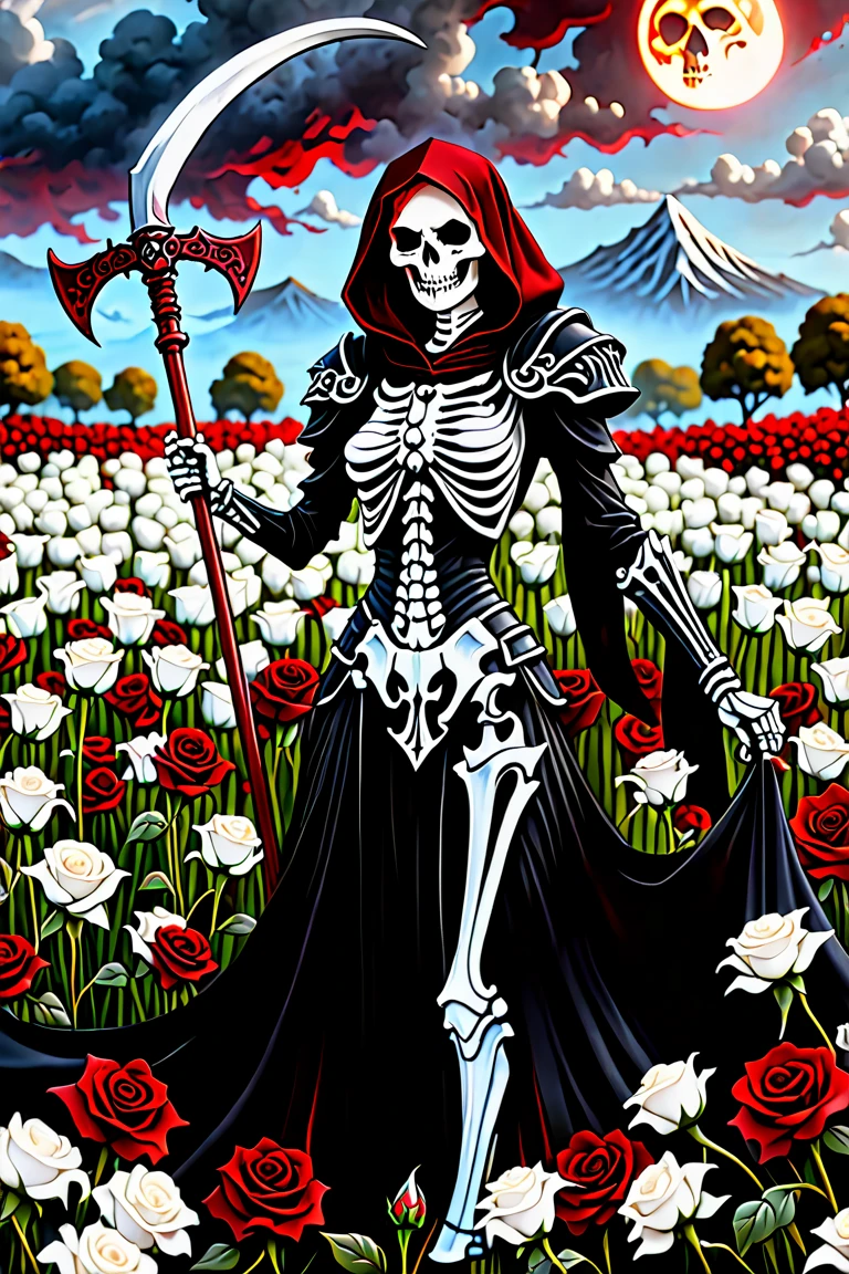 graffiti, Pastel, graffiti on brick wall, spray painting on wall, colorful graffiti, Street art, Spray paint, Street canvas, Graffiti artist, Graffiti art, Aerosol art,
beautiful ink drawing, Top view. This image is a beautiful and evocative artistic depiction of a figure, a skeletal figure wearing a hooded cloak draped with fabric, amidst a field of vibrant red poppies and other foliage. The central figure appears ethereal, almost ghostly, and the poppies shimmer in vibrant red hues against the muted tones of the background landscape.