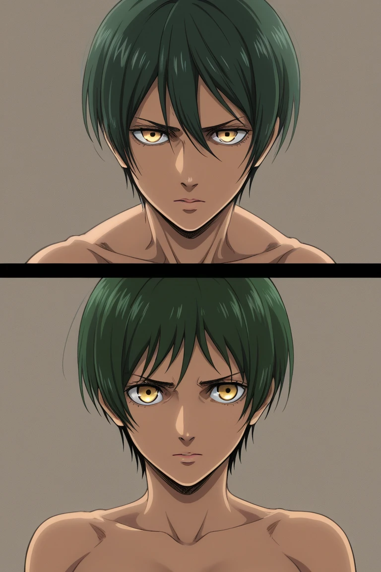 (absurdres, highres, ultra detailed), 1 male, (28 years old male) (short pointed ears) adult, handsome, tall slender guy, narrow eyes, narrow shoulders, finely detailed eyes and detailed face, messy shaggy black hair, shaggy hair, side bangs, bangs, green eyes, sexy twink, shirtless, bare chest, final fantasy 14, slave collar, full body shot, defiant pose expression, cinematic, forest bokeh, background blur