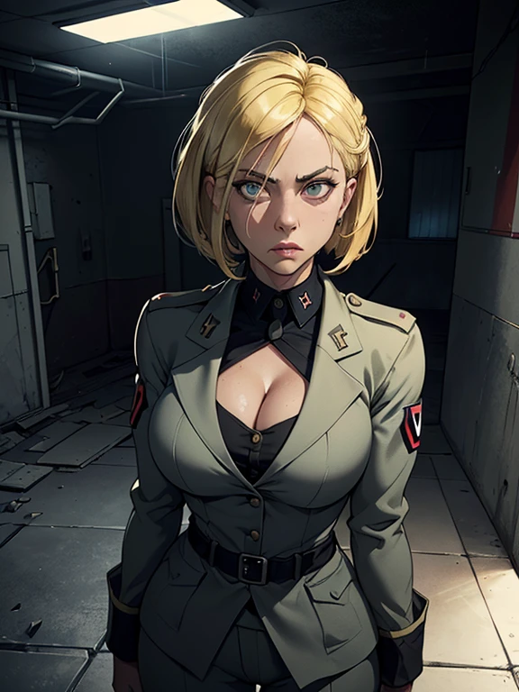 Hellsing Ultimate, Seras Victoria, 1girl, ((bimbo))), short blond hair, blue eyes, puffy lips, thick lips, wide hips, thick thighs, enormous round fake breast, huge ass, angry evil face, tight yellow police uniform, breasts squeezed together, picture from above, holding gun, night time, moon,