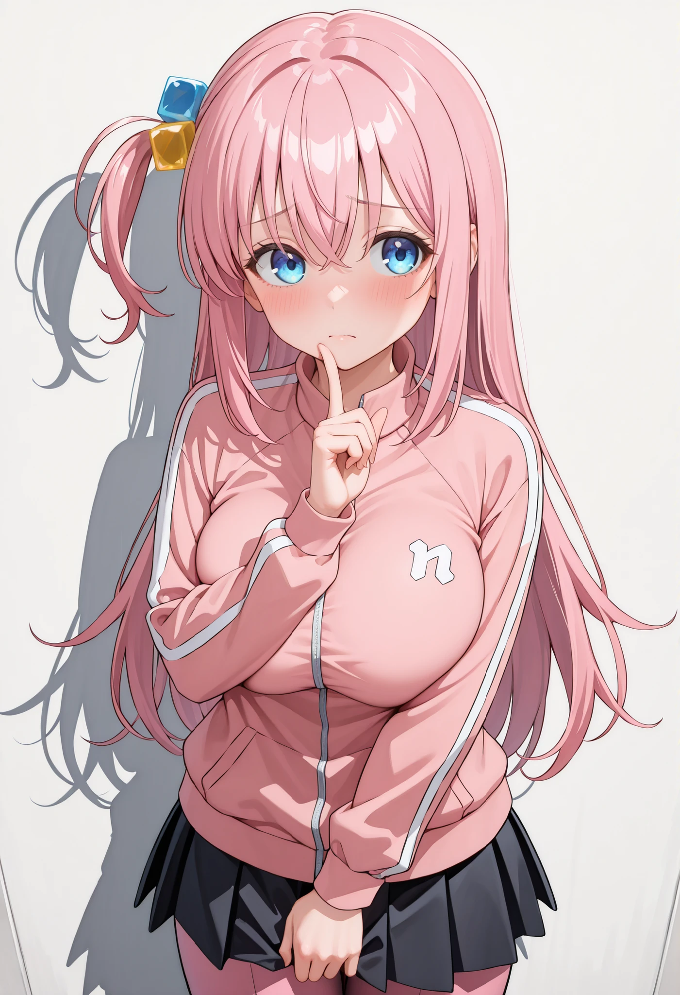 (masterpiece, best quality), ((perfect hands, perfect fingers)), 1girl, solo, hitori gotou,
blue eyes, hair between eyes, pink hair, long hair,
hair ornament, cube hair ornament, one side up,
black skirt, jacket, long sleeves, pants, pants under skirt, pink jacket, pink pants, pleated skirt, skirt, track jacket, track pants, track suit,
big breasts,
skindentation,
blush, averting_eyes, frown, closed mouth, shy, embarrassed,
no background, looking at viewer, cowboy shot, standing, (put index finger on mouth),
adjusting clothes,