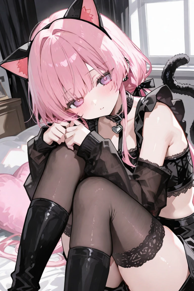 masterpiece, best quality, 1girl, laying totally on a school desk, untied necktie, bare shoulders,cute , she's a succubus, demon hearth tail, neko ears,2 little demon wings,scenery,pink hair, sitted ,detailed sexy face,almost bare ass, cat ears, cute expression, pink eyes.the feet are up, She's swinging them while lying down