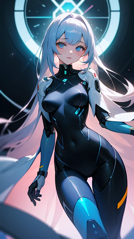 Slender beautiful girl、(White and blue futuristic space station background):1.2、Tight-fitting bodysuits of the near future、hight resolution、top-quality、The ultra-detailliert、Fine details、Does not blush cheeks、knee high、Undersized breasts、shorth hair、head phone