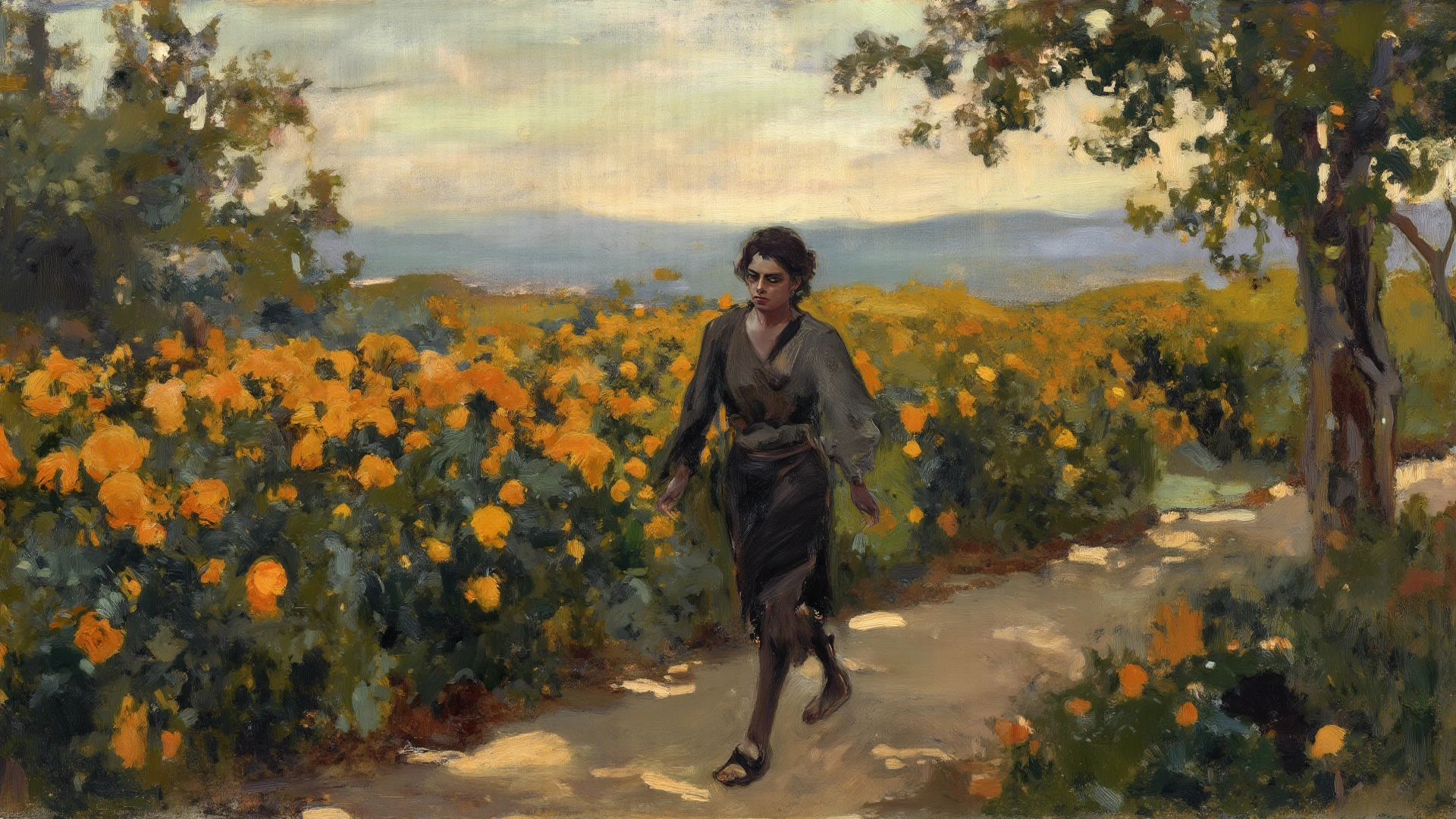 alone in the universe, in watercolor style, Photorealism, discreet golden and ruby and mint shades, (nude) gentle modest thin girl 16 years old (with a very beautiful exquisite face) southern type with short dark hair with beautiful breasts with tender nipples (barefoot) in a long orange skirt walking in the distance (Across the desert) with a clay jug in hand, stunted little plants, drought, precious jewelry on the neck and chest and on the wrists, precious bracelets, ankle bracelets