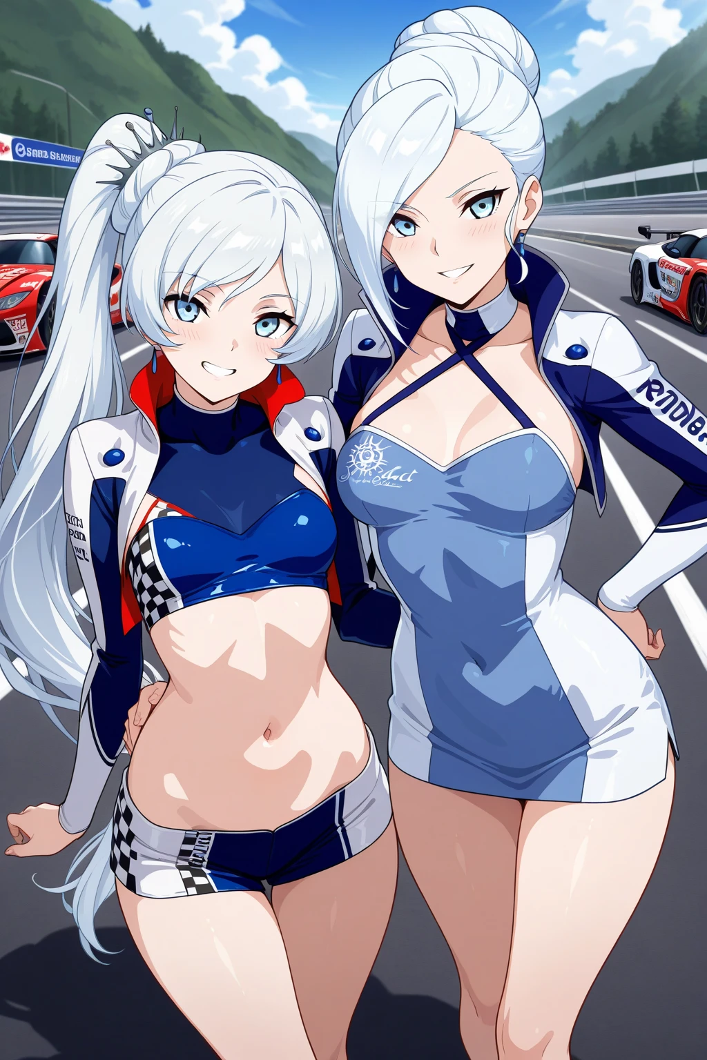 Highest quality、super high quality、16K, topless、Nipples、Tasty ass、Facial expressions are random、The location is a circuit、 Hair color is silver hair、The pose is hugging、The distance is random、Angles are random、Small face、Very delicate facial expressions、Delicate eye depiction、Highly detailed hair、Erotic、18-year-old female、Glowing Skin、Soft Skin、The only sexy Japanese woman、Race queen outfit random、Sexy ass、The focus is on the butt、Sexy crotch、4 women、