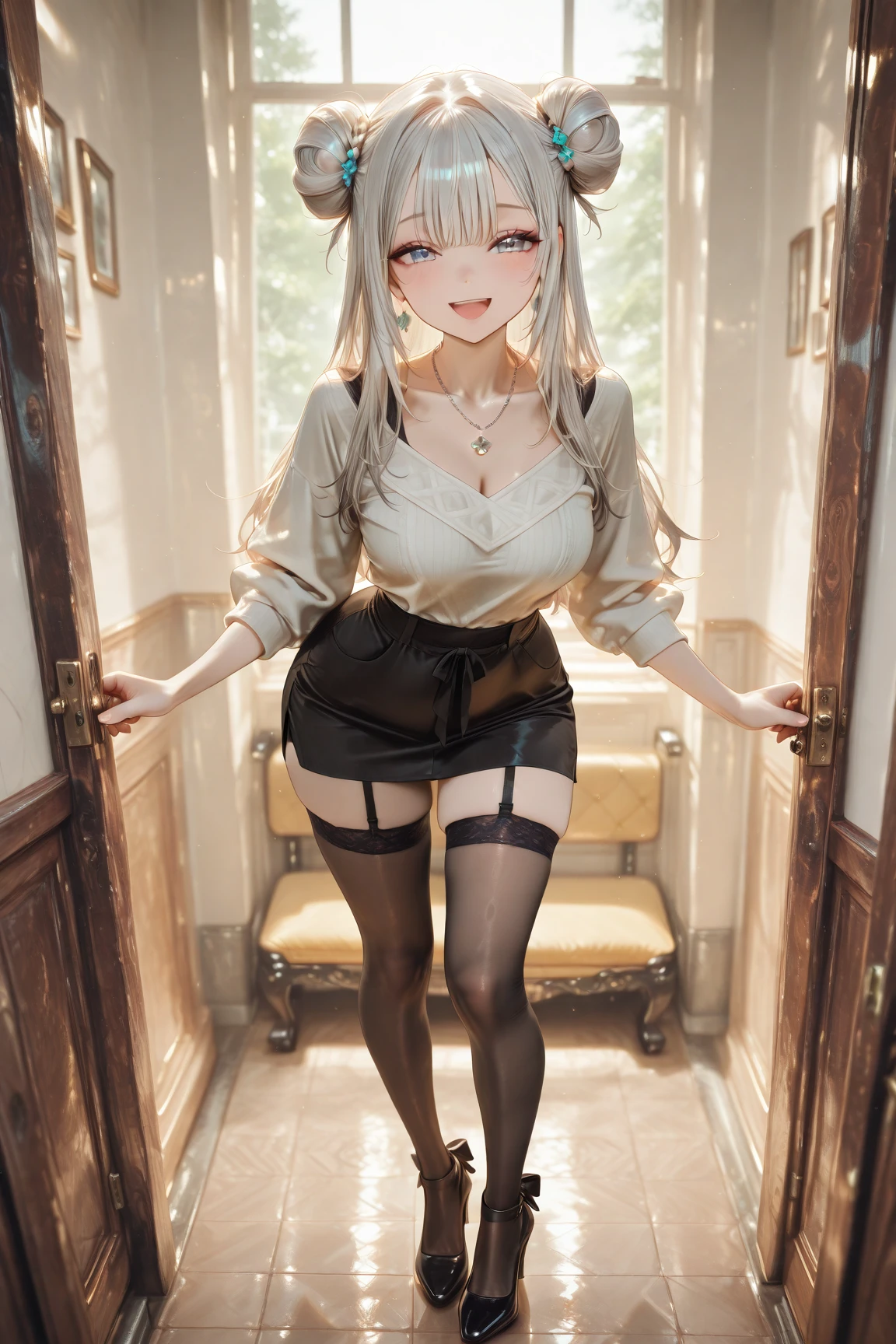 20 year old girl, black office miniskirt, white transparent blouse unbuttoned, Elf&#39;s ears, naked