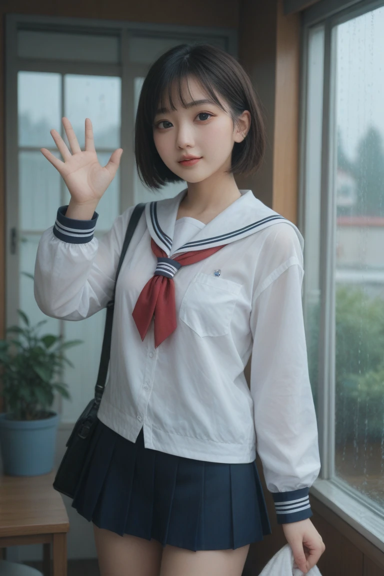 gender: Female
Age:
height: 158cm
Body type: Slim and slender
Skin color: Bright pink hair color: Black Hair Length: Long hair to the chest
Hairstyle: Straight hair
Bangs: Blunt and eye-length
Face shape: Oval forehead width: Medium eyebrow shape: Slender and slightly arched
Eyebrow color: Eye pupil shape: big、Slightly round
Eye color: Dark brown
Eyelash length: Long and curled
Eyelash color: Black
Nose shape: smallて上向き
鼻の高さ: Low
Mouth shape: small、Lip line is neat
Lip color: Pink
Teeth: smallて整った白い歯
顎の形: Sharp ear shape: small、Slightly rounded
Earlobe: smallて薄い
ホクロ: Large mole under left eye Facial features: Fluffy cheeks
Skin texture: Shiny smooth skin
Skin condition: Natural without makeup
Facial expression: Smiling and bright
Eye opening: bigぱっちり開いている
頬の赤み: Natural cheek effect
Jaw line: Sharp and small chin
Pupil sparkle: Sparkling
Cheek line: Soft and rounded
Neck thickness: Thin、Delicate
Hand size: small、Long fingers
Nail shape: small丸い
爪の色: Natural breast size:とてもbig目立つ
腕の太さ: Thin
Leg length: heightに対してやや長め
脚の太さ: Thinて引き締まっている
肩の幅: Slightly narrow
Collarbone: Conspicuous
Waist line: Thinてなだらか
姿勢: Running with your back straight: Light and rhythmic
Facial angle: Front Sailor uniform features Sailor uniform colors: White ribbon color: Bright red ribbon
Ribbon shape: Simple shape tied short
Ribbon size: Small and understated
Sleeve shape: Short and slim skirt shape: Pleated skirt
Skirt color: Navy blue
Skirt length: About 20cm above the knee Sock color: White
Sock length: Crew socks to below the knee
Shoe color: Black
Shoe shape: Loafers
Tie shape: Wrapped under the sailor collar
Tie color: Red
Skirt fit: Fit snugly at the waist
Number of collar lines: 1Line sailor suit fabric: A mix of cotton and polyester. A variety of facial expressions and poses.: Shy smile, direction of gaze: Slightly upper right
Hand movement: Body position when touching the chest: Side shoulder height: Natural height、The detail of a relaxed facial expression: I'm writhing in pleasure