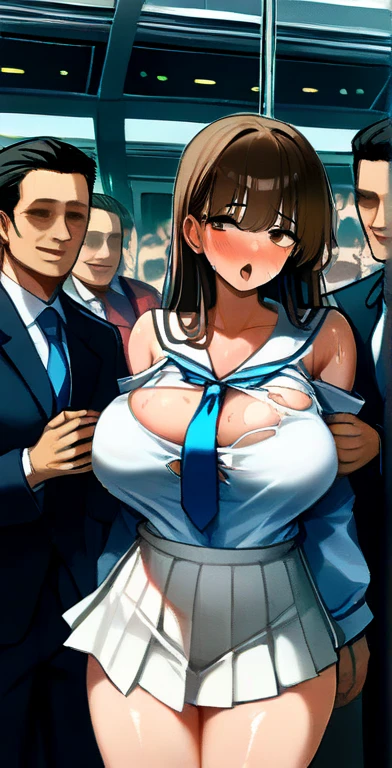 asakura_yume,Brown Hair,Medium Chest,Aqua Eye,White skin,((Are standing)),((surprise)),((Embarrassment)),((sorrow)),((Sleeveless_sweater)),mini skirt,(((crowded train))),((Multiple men)),nsfw,((Multiple molesters)),(((((Yume Asakura_A molester grabs my breasts))))),((No bra)),Nipples,