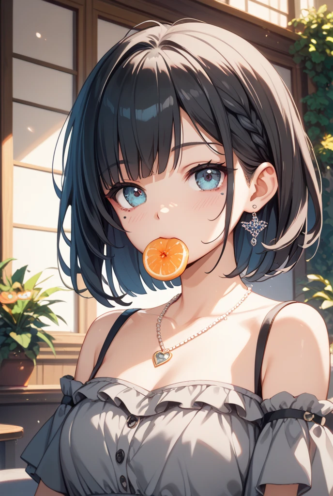 Beautiful asian girl full body, short hair and light blue eyes, with a mini skirt and a revealing top, sucking a 20-centimeter penis full of saliva and with an extremely straight face.