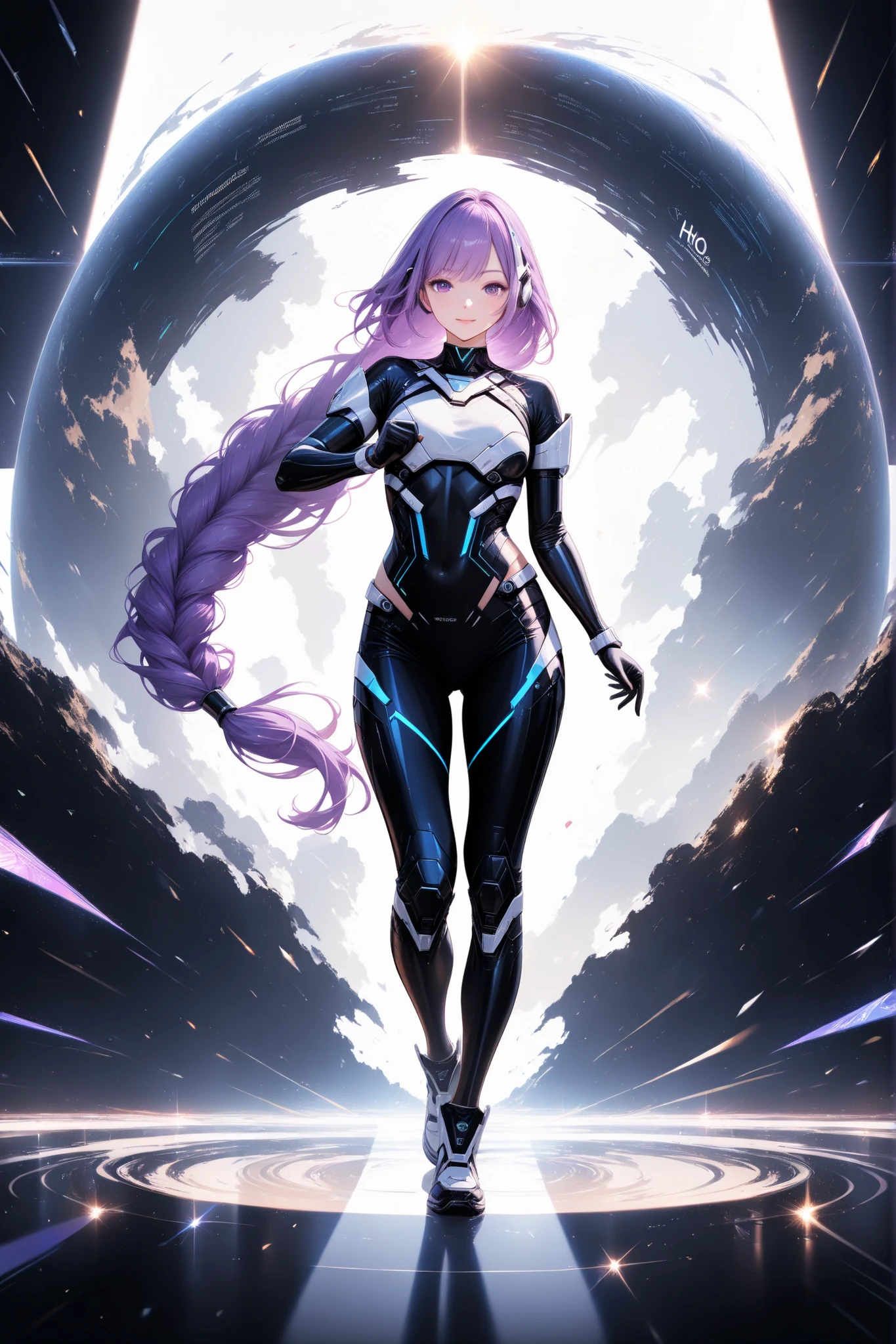 ultra detailed, absolutely resolution, masterpiece, beautiful cyber warrior with a relaxed smile, long braided purple hair, wearing white as the base color cyber warrior full body costume, super high-performance laptop being taken out of her, scatters magical iridescent gold dust of happiness for world peace, holographic universe and a huge data screen in the background, (brilliant light and shadow, seamless, contrast, gradation) effects, highly detailed, sharp focus and contrast, extremely clear image, 2.5D, artistic photography, hyper realistic, effects magic, shading effects magic, lighting effects magic