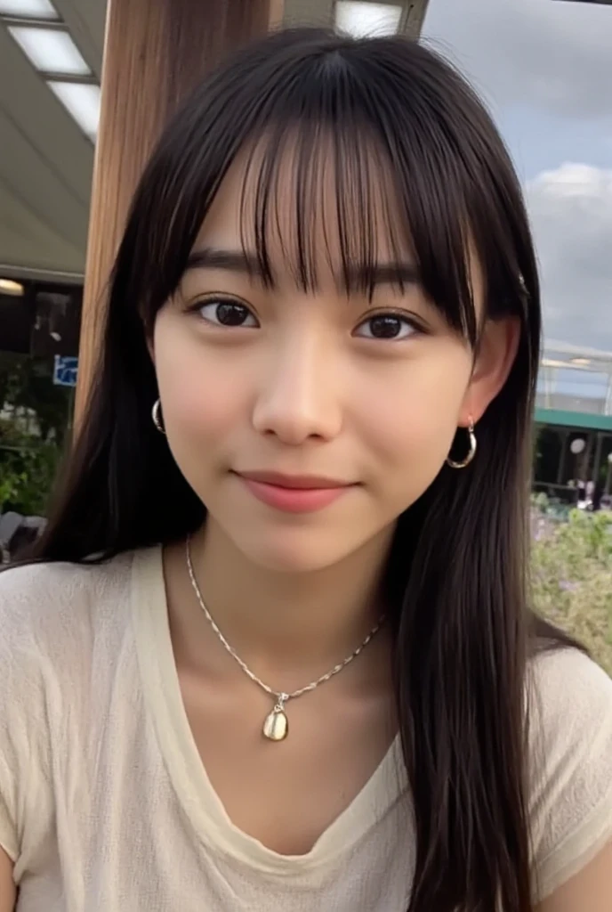 (masterpiece, Highest quality:1.1), (8K, RAW Photos, Photo Real:1.2, f22), (Shiny skin), Detailed skin, Detailed face, smilee,Fine grain,Long Hair, break, Real World, (Super detailed, Cleavage), Intricate details, smile, One girl, (shirt)、 (Overseas tourist attractions:1.4)