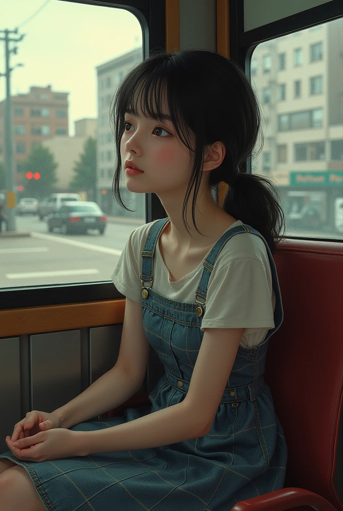 One girl, masterpiece, top quality, realistic, short shoulder length hair, , uniform, attractive eyes, in the bus, sitting in a chair, (sleeping), (ocean view window), very detailed