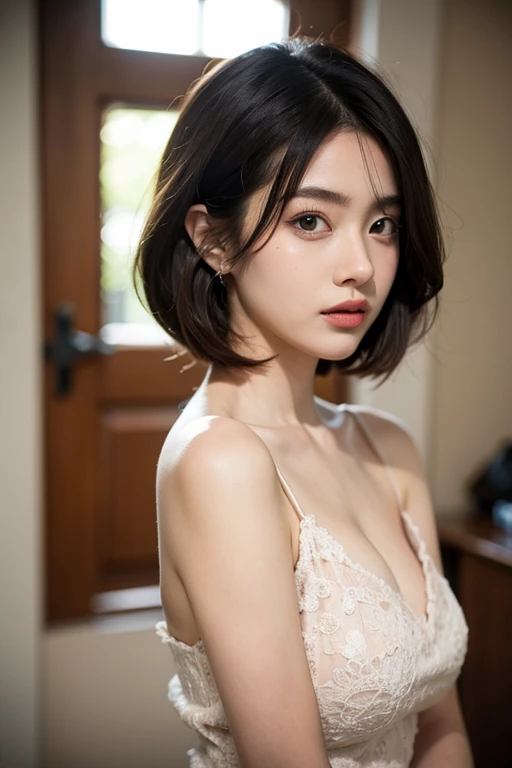 Ulzzang-6500-v1.1, (RAW Photos:1.2), (Realistic), Beautiful detailed girl, Very detailed eyes and face, Beautiful fine details, Large file size, High resolution, Very detailed, highest quality, [masterpiece:1.6], figure, Very detailed, CG, The finer details, highest quality, 8k wallpaper, Cinema Lighting, 1 girl, 17 years old, Perfect figure, Big with tension, Cute droopy eyes, Beautiful big eyes,  [sexual excitement: 1.6], Light in your eyes, short hair, high school girl, Dynamic pose,The chest is visible