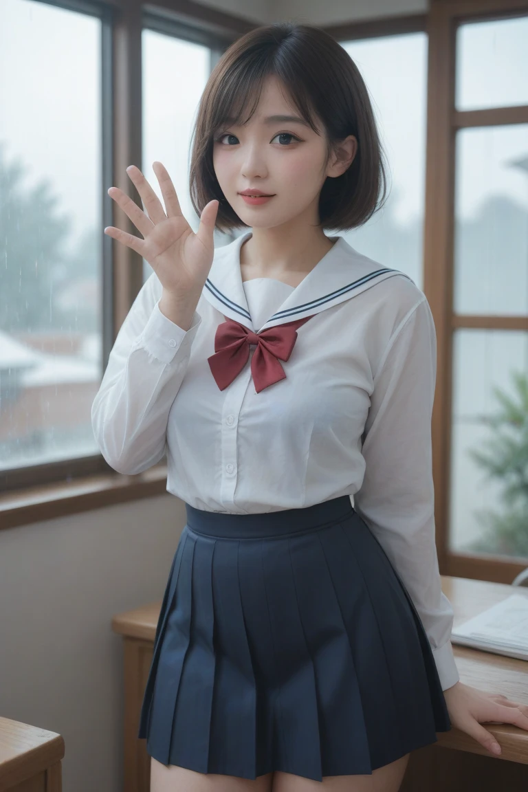 A cute mature Korean girl with short hair got wet all over her body because of the rain. She is wearing a white Korean school uniform with a short skirt.The inside is all showing, no underwear, waving, pull it out in high quality just like the actual picture