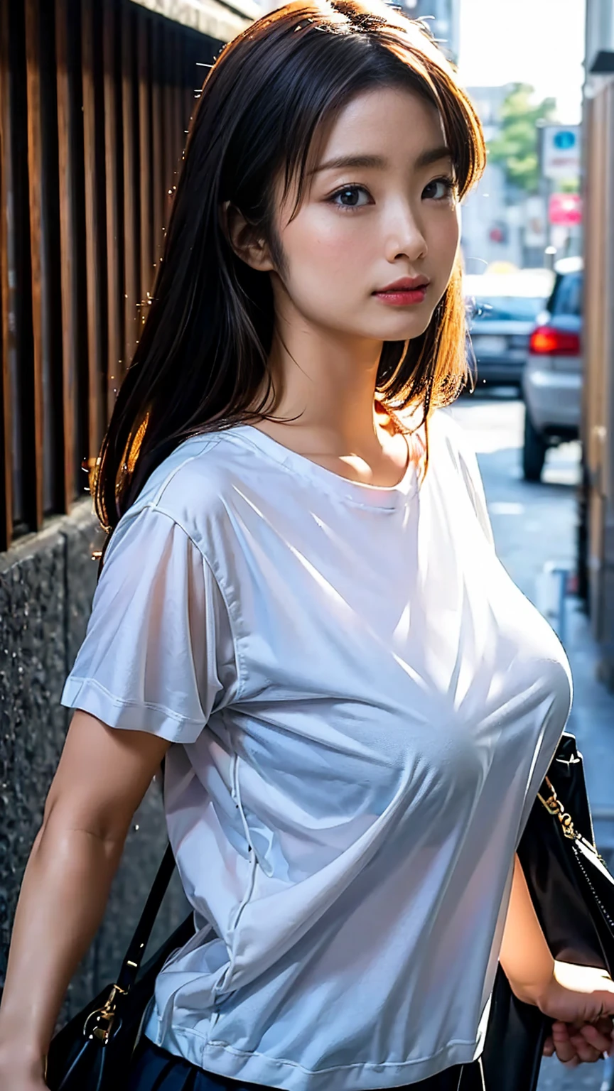 (((nsfw、Slender、sexy pose、Vulgar、armpit)))、((wet))、(((glamorous smile、open mouth)))、(night、Woman walking on Tokyo street:1.3、The background is a street corner:1.5)、(Realistic、Like a photograph、Live Action、8k, Realistic, RAW Photos, Best image quality: 1.4), Single-lens reflex camera、RAW Photos, Highest quality, Realistic, Very detailed CG Unity 8k wallpaper, Written boundary depth, Cinematic Light, Lens flare, Ray Tracing, Realistic background、(equipped:1.5、(((Scanty whiteＴshirt、jeans hotpants)))、(Big Breasts:1.37)、((Shoulder bag)))、((Ultra-dense skin))、 1 female,Cute Japanese Woman、Girl going to work、(whole body)，(((long hairstyle)))、I like that style、stylish、Very detailed、Pay attention to the details、Perfect outfit、(Sunburned skin)、Beautiful legs:1.1，Anatomically correct body、Accurate Fingers、Are standing、Super detailed face