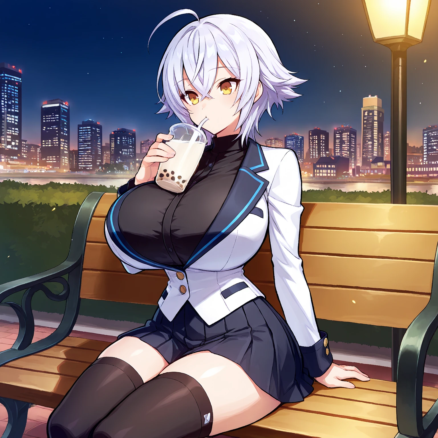 ((masutepiece, top-quality, hight resolution,1girl in,plein air, sitting on, Benches, shiny glossy skin)), Coffee on the desk,
hair_Over_One_eye, bridfx, brid_nikke, Blue tie, Sleeveless,perfect hand,Upper body, Looking at Viewer