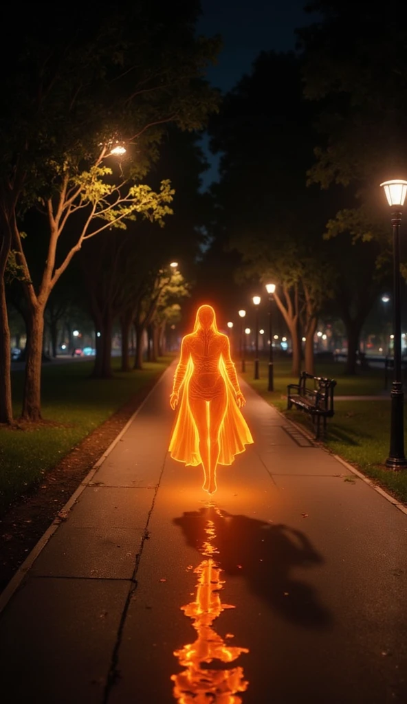 A captivating and surreal scene captured entirely in the spectrum of thermal infrared, where every element in the composition is depicted through the heat it emits, creating an otherworldly yet scientifically grounded visual experience. In the middle of the scene stands a woman, her form entirely defined by the heat her body radiates. Her figure is an intricate blend of warm colors—intense reds, oranges, and yellows, representing the core heat of her body. She is standing in a tranquil, contemplative pose, as if she is interacting with her surroundings. The setting is a night-time outdoor scene in a dense, forested area. The trees around her are rendered in cooler tones—blues and purples—indicating their lower heat emission compared to the woman. The ground beneath her feet is a cooler, showing the heat absorbed from the environment and the slight warmth left from the day. The background features a night sky.