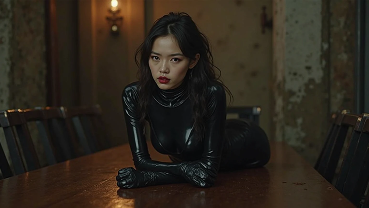 masterpiece, best quality, Surreal, Ultra Detailed, 8K resolution, RAW photos, Clear focus, (1 Girl), Solitary, Beautiful face, Perfect body, Mature woman，25 years old,  Full body portrait, Nanosuit,  Messy hair, Movie, Movie light, Dark theme