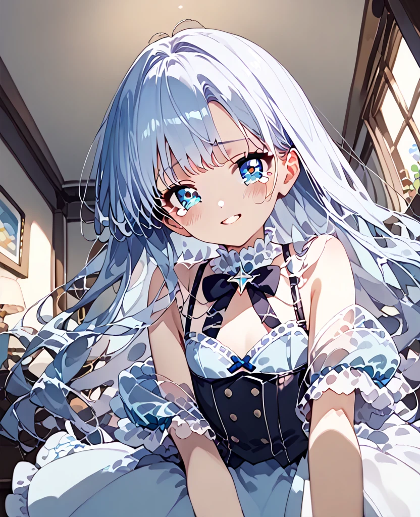 masterpiece, best quality, extremely detailed, (illustration, official art), 1 girl ,(((( light blue long hair)))), ,(((( light blue long hair)))),light blue hair, , long hair ((blush)) , cute face, masterpiece, best quality,(((((a very delicate and beautiful girl))))),Amazing,beautiful detailed eyes,blunt bangs((((little delicate girl)))),tareme(true beautiful:1.2), sense of depth,dynamic angle,,,, affectionate smile, (true beautiful:1.2),,(tiny 1girl model:1.2),)(flat chest) ,score_9,score_8_up,score_7_up,score_6_up,
masterpiece,best quality, source anime,
rating_explicit,uncensored, zPDXL2,sexually suggestive,
BREAK
1boy, 1girl, animal collar,bangs, , closed mouth, collar, collar on her palms, wedding dress, backless dress, backless outfit, detached sleeves, frills, hands up, heart, holding, leash, long sleeves, looking at viewer, plant, red bow, smile, solo, upper body,window,church,heart,