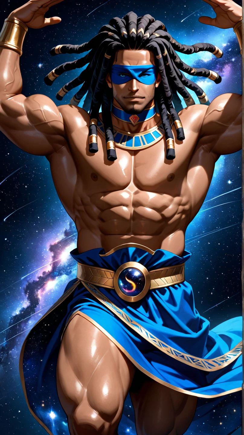 Top quality, Photorealistic, 8K, High Definition, Unity 8K wallpaper, high res, ultra sharp, masterpiece, ((masterpiece)), best quality, intricate details, expressive eyes, perfect face, detailed face, detailed eyes, masterpiece, highly detailed exquisite character art, melancholy lighting, cinematic lighting, ultra-realistic, detailed body, detailed muscles, detailed muscles, bulge, ((1male)) bodybuilder, the muscular, handsome, attractive, sexy, charming, bara, large chest, comic being, comet man, galaxy, milky way, cosmos, galaxy skin, comet hair, god of the universe, deity, on the moon., king of the universe, galaxy cape, super black skin, majestic long hair, mid-shot