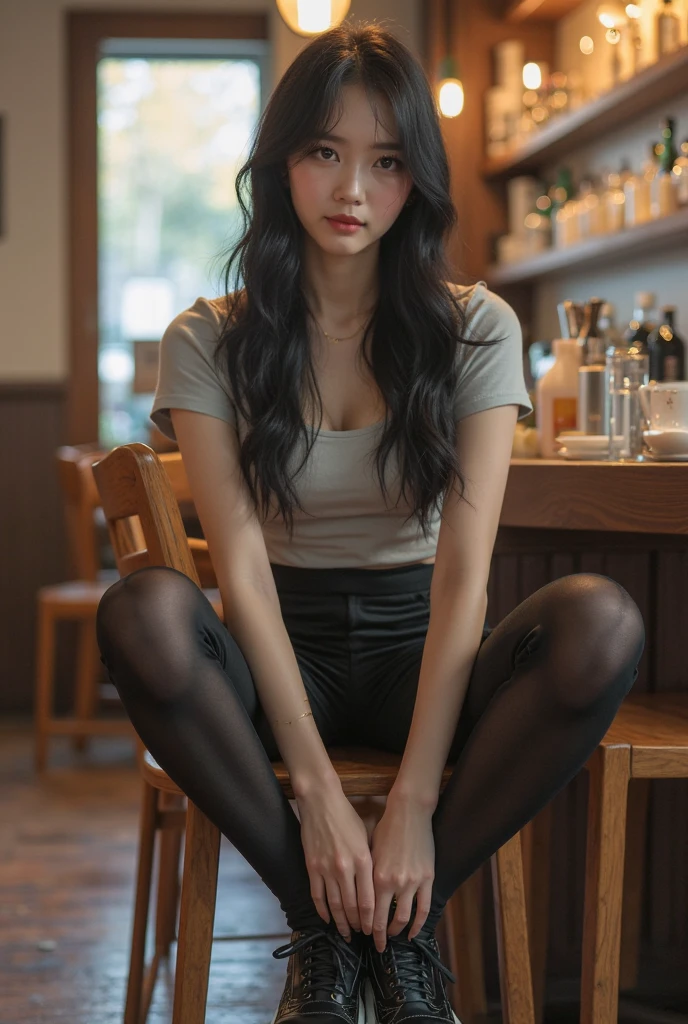 A woman sitting on a chair with a cup of coffee and a fox tail, Woman in a mysterious coffee shop, foxgirl, Bushy tail, a small face, Stretch the neck, 8Head and body, a picture, top-quality, small tits