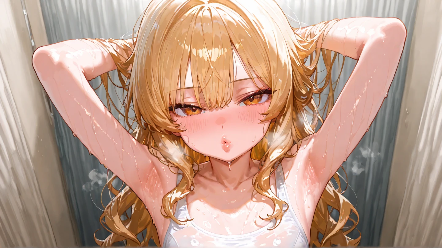 blonde twintails、front、close up face、Close-up of face、tanned skin、sleep in bed、naked、(ecstatic face:1.3、embarrassing:1.3、blush:1.3)、NSFW、raise both hands、(ecstatic face:1.5)、(sexual climax:1.0) 、(Slut:1.0)、(slut:1.0)、(steam:1.3)、(wet:1.0)、(I'm trembling:1.0)、(tears:1.3) 、(Drool:1.0)、(Sweat:1.3)